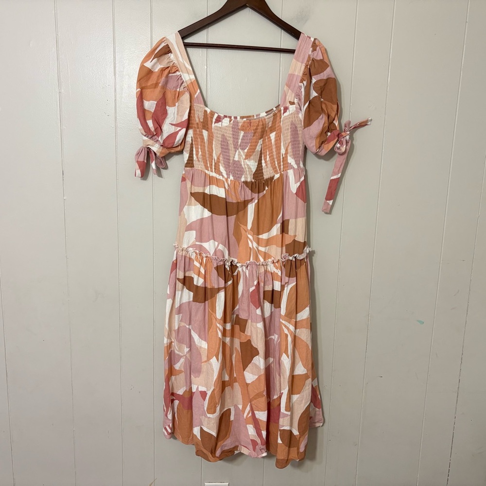 The Girl and The Sun Everlight Leaf Print Midi Dress Puff Sleeve Smocked Size L